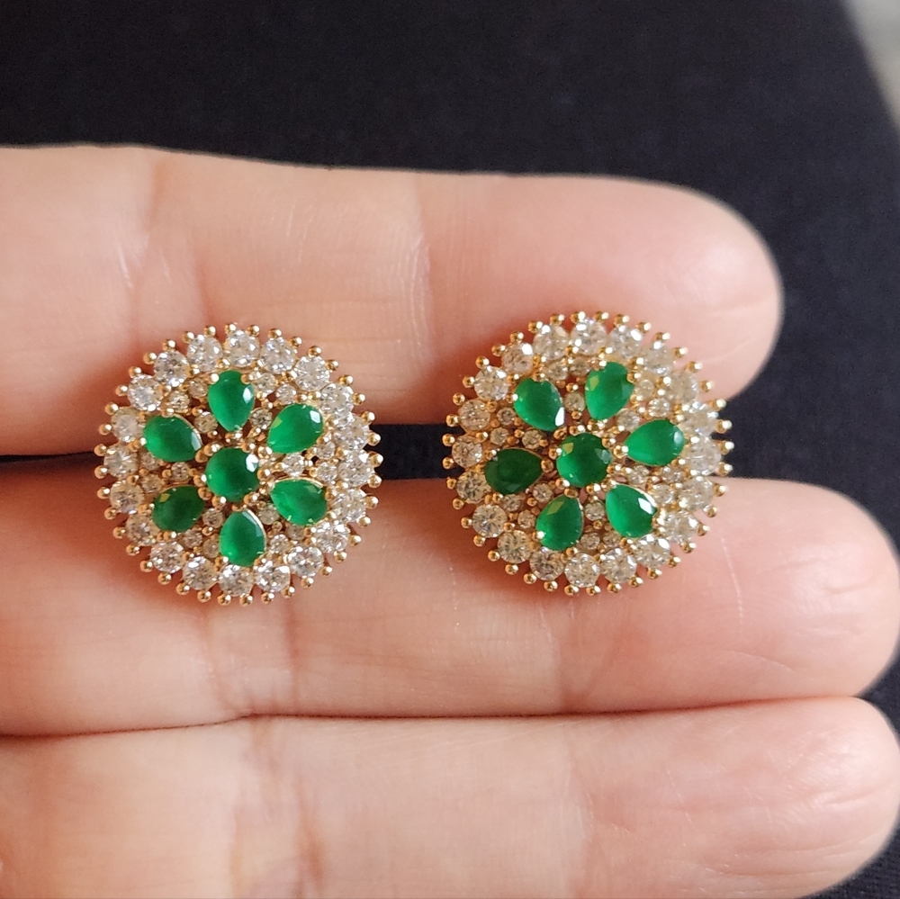New 18K Gold Plated Emerald Diamond Flower Stud Earrings for Women